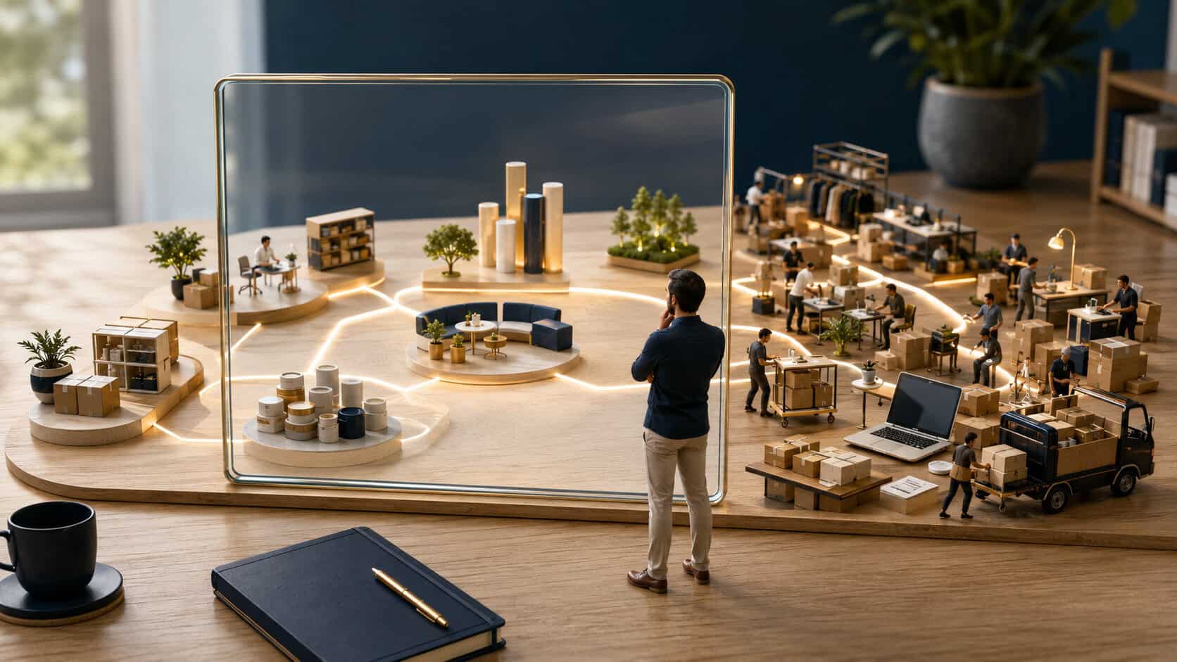 A man in a blue shirt studies a large tabletop diorama of an office and warehouse with tiny workers, shelves, and delivery trucks on a wooden desk.