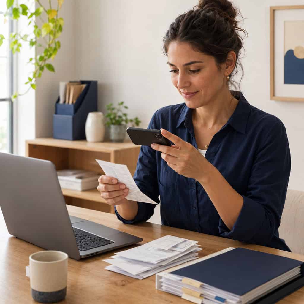 Woman at a wooden desk reviews a receipt on her phone while looking at her laptop nearby.