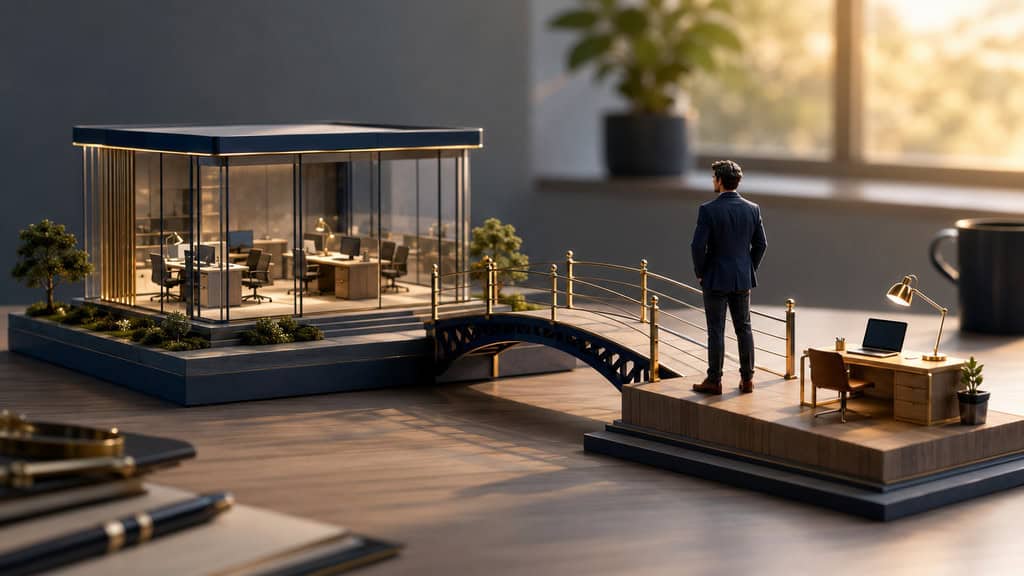 Scale-model office scene: glass-walled building, connected by a small arched bridge to a raised desk with a person in a suit looking on.