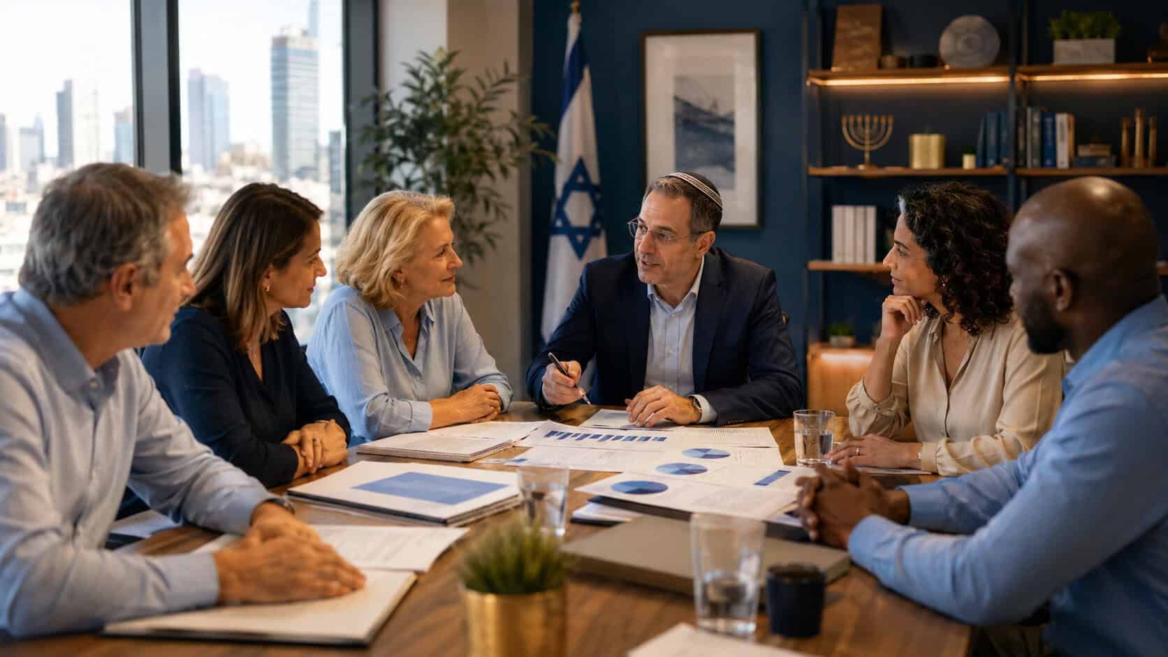 Six professionals in a business meeting around a wooden table, reviewing charts and documents.