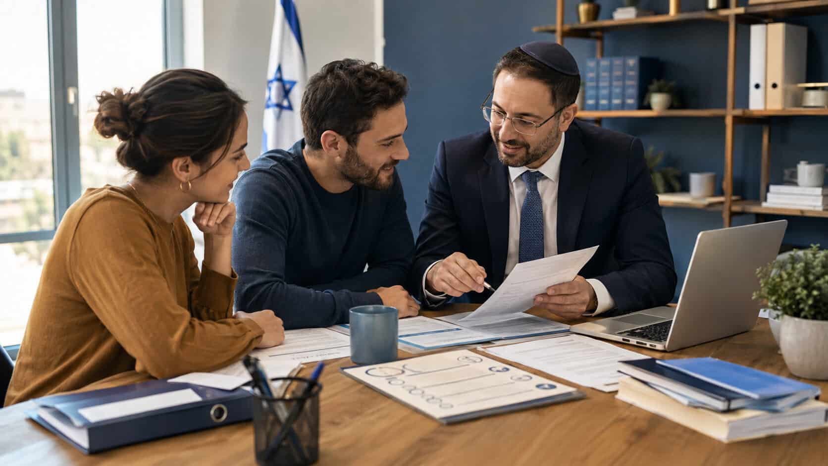 Three colleagues review documents at a wooden table in a bright office, with one man in a suit explaining the papers to a couple.