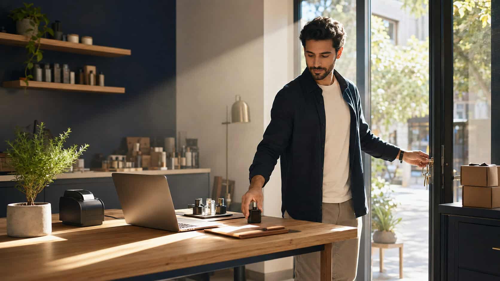 Man in a casual shirt stands at a sunlit storefront counter, reaching for a small fragrance bottle on the wooden table as the door opens behind him, suggesting a shop setting.